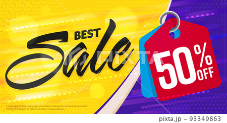 Sale marketing poster. Best special shop discount. Best sale 50 percent off banner template vector illustration. Retail store offer advertisement with half price on shopping Sale marketing poster. Best special shop discount. Best sale 50 percent off banner template vector illustration. Retail store offer advertisement with half price on shopping 93349863