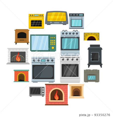 Oven stove furnace fireplace icons set, flat style 93350276