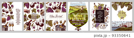 Wine posters or vineyard banners. Sparkling champagne background, Cheers toast and Grape. Tuscany 93350641
