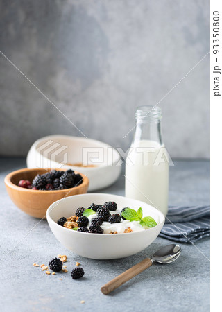 Healthy breakfast oatmeal granola bowl with yogurt and berries Healthy breakfast oatmeal granola bowl with yogurt and berries 93350800