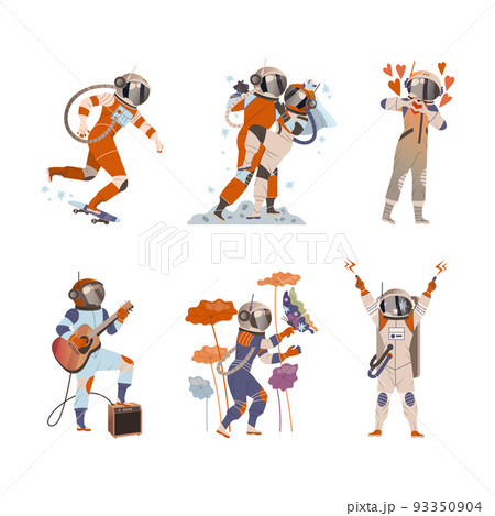People in spacesuits doing everyday activities while living in space set. Astronauts skateboarding, walking, dating, playing guitar cartoon vector illustration People in spacesuits doing everyday activities while living in space set. Astronauts skateboarding, walking, dating, playing guitar cartoon vector illustration 93350904
