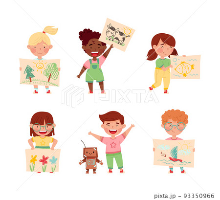 Boys and girls holding drawings and paintings. Happy kids creating and playing with handmade toys set cartoon vector illustration 93350966