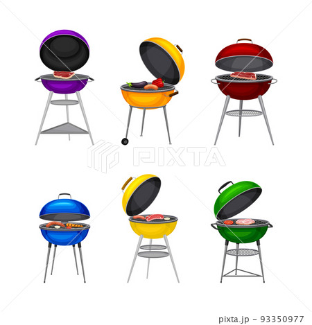 Barbecue grills set. Different types of charcoal kettle grills with assorted delicious grilled meat and vegetables vector illustration 93350977