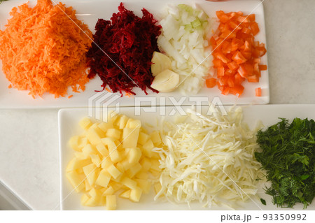 Chopped vegetables for cooking traditional Ukrainian borscht. Chopped vegetables for cooking traditional Ukrainian borscht. 93350992