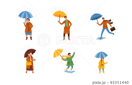 Walking Under Umbrella People Character in Rainy Day Vector Illustration Set 93351440