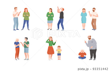 Conflicting Parents Arguing with Each Other Scolding and Shouting at Each Other Vector Illustration Set 93351442