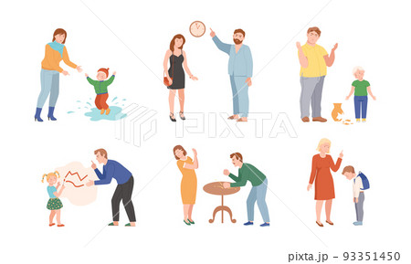 Annoyed Parents Scolding Their Kids for Disobedience and Bad Behavior Vector Illustration Set 93351450