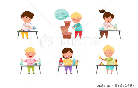 Inventive Kids Engaged in Upcycling Reusing Recyclable Materials Vector Set Inventive Kids Engaged in Upcycling Reusing Recyclable Materials Vector Set 93351497