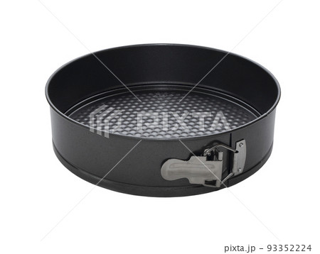 Springform pan for cakes or soft desserts, isolated. Round baking tin with formed base 93352224