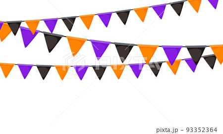 Halloween bunting. Black, orange and purple flag garland. Triangle pennants chain pattern. Party bunting decoration. Celebration flags for decor. Vector banner background  93352364