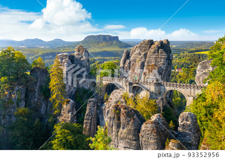 Panorama view of the Bastei. The Bastei is a famous rock formation in Saxon Switzerland National Park, Germany 93352956