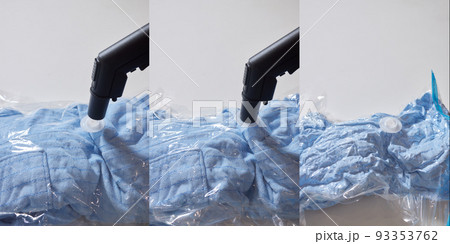 Man packing his clothes in the vacuum pack before and after. 93353762