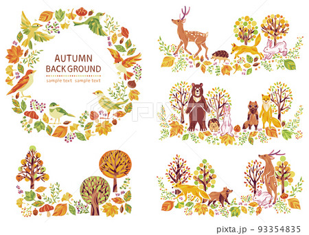 秋の紅葉・落ち葉・小鳥・動物のイラストフレームセット① 秋の紅葉・落ち葉・小鳥・動物のイラストフレームセット① 93354835