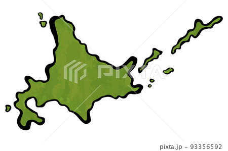 北海道マップのイラスト、アウトラインあり。択捉などの島あり。 93356592