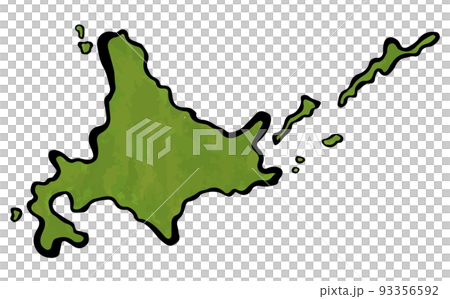 北海道マップのイラスト、アウトラインあり。択捉などの島あり。 93356592