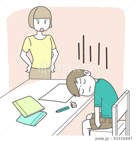 家庭で勉強にやる気が出ない子供と呆れる母親のイラスト素材