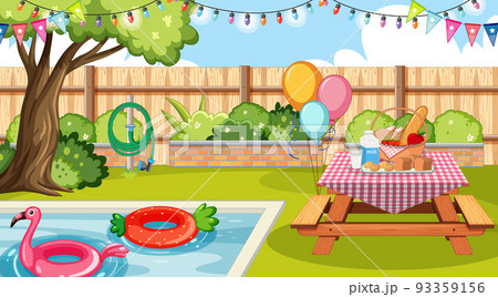 Scene of backyard with a fence Scene of backyard with a fence 93359156