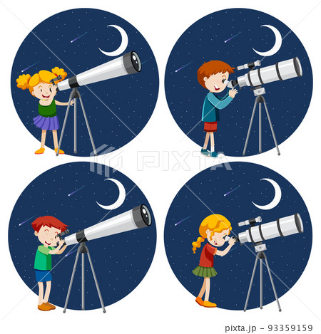 Set of different kids looking through telescope at night Set of different kids looking through telescope at night 93359159