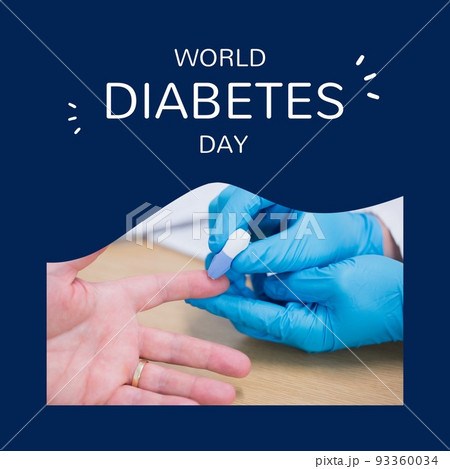 Composition of world diabetes day with diverse people using glucometer on blue background 93360034