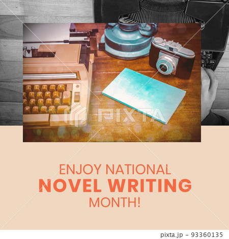 Composition of national novel writing month text over camera and typewriter 93360135
