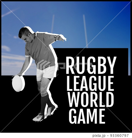 Digital composite image of caucasian man playing with rugby ball Digital composite image of caucasian man playing with rugby ball 93360797