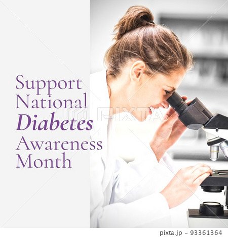 Image of national diabetes awareness month over caucaisan female lab worker with microscope 93361364