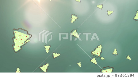 Image of christmas trees over lights and green background Image of christmas trees over lights and green background 93361594