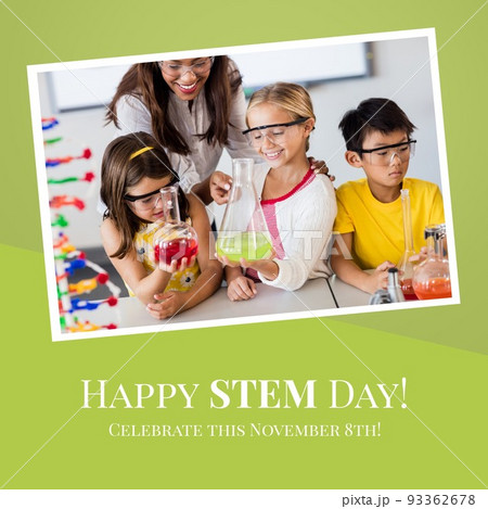 Composition of happy stem day text and photo of diverse school children in laboratory Composition of happy stem day text and photo of diverse school children in laboratory 93362678