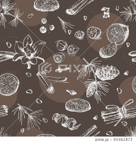 Seamless pattern with hand drawn Christmas winter spices Traditionally used in made desserts, hot mulled wine, homemade cookies. Chalk board style art 93362872