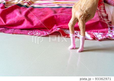 The old woman's hand plays pink plastic boots toy and post it like a model's post. The old woman's hand plays pink plastic boots toy and post it like a model's post. 93362971