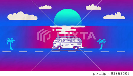 Image of sun over water, palm trees, bus and clouds on blue background 93363505