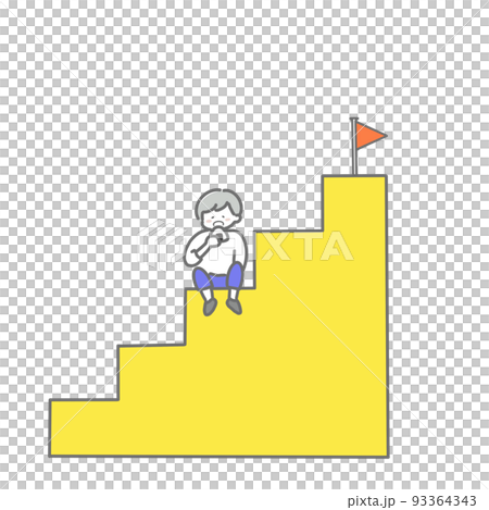 一個男孩在樓梯上休息，吃著飯糰 93364343