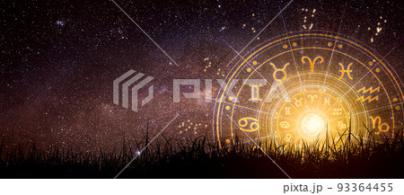 Astrological zodiac signs inside of horoscope circle. Astrology, knowledge of stars in the sky over the milky way and moon. 93364455