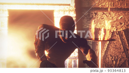 Image of scary zombie mummy walking around in dark crypt room with burning torches 93364813