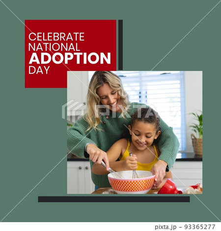 Composition of national adoption day text over caucasian mother with biracial daughter cooking 93365277