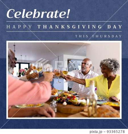 Composition of thanksgiving day text over african american family having dinner 93365278