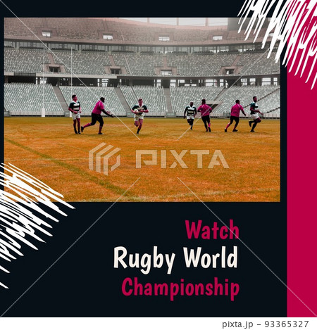Composition of watch rugby world championship text over diverse rugby players Composition of watch rugby world championship text over diverse rugby players 93365327