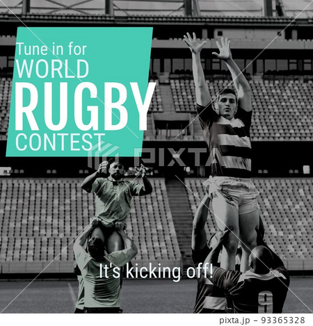 Composition of tune it for world rugby contest text over diverse rugby players Composition of tune it for world rugby contest text over diverse rugby players 93365328
