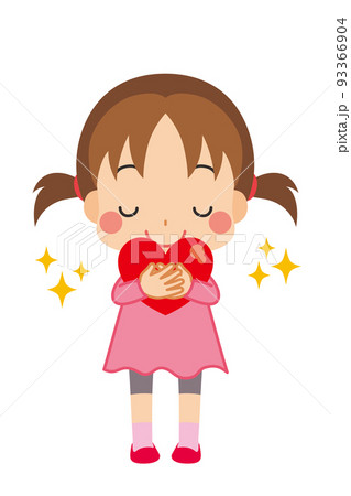 ハートを抱きしめている可愛い小さな女の子のイラスト　人物　全身　白背景　ベクター 93366904