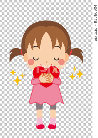 ハートを抱きしめている可愛い小さな女の子のイラスト　人物　全身　白背景　ベクター 93366904
