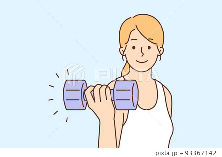 Happy woman training with dumbbells  93367142