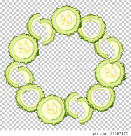 手描き水彩のカットしたゴーヤイラスト正方形フレーム・円 93367175