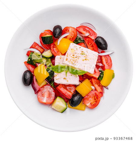 Greek salad of organic vegetables with tomatoes, cucumber, red onion, olives Greek salad of organic vegetables with tomatoes, cucumber, red onion, olives 93367468