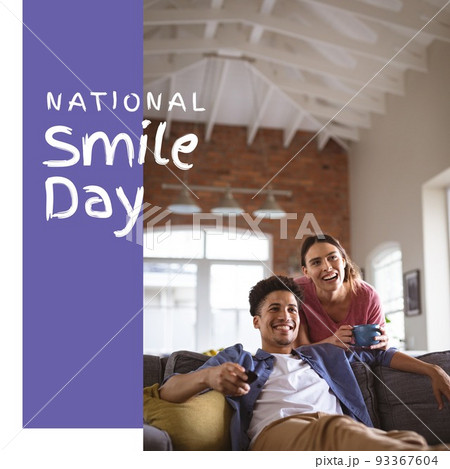Composition of national smile day text over diverse couple smiling Composition of national smile day text over diverse couple smiling 93367604