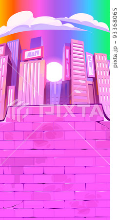 City skyline with skyscrapers, brick wall. clouds 93368065