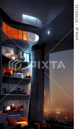 遥か未来のお話　窓から見る高層ビル群の夜景　サイバーシティー「AI生成画像」 93368131