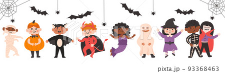 Set of Halloween Kids Costume Party. Cute different nationalites girls and boys in vampire, bat, devil,ghost, mermaid, mummy, pumpkin witch, skeleton costume. Vector characters for party, invitations 93368463