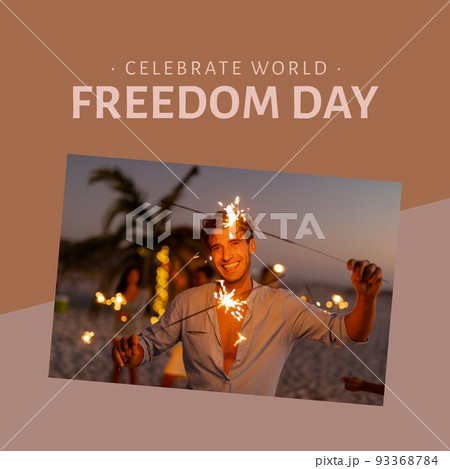 Digital portrait of smiling young caucasian man holding sparklers at beach, world freedom day text Digital portrait of smiling young caucasian man holding sparklers at beach, world freedom day text 93368784