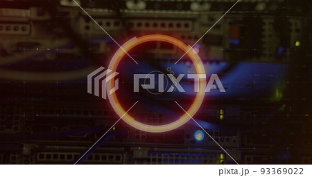 Image of scope scanning and data processing over cables in computer server in background Image of scope scanning and data processing over cables in computer server in background 93369022
