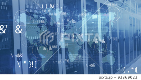Multiple changing symbols and pulsating circles over world map against empty server room Multiple changing symbols and pulsating circles over world map against empty server room 93369023